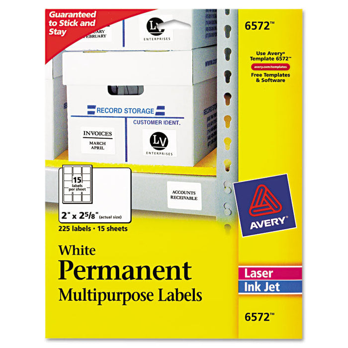 Permanent ID Labels w/ Sure Feed Technology, Inkjet/Laser Printers, 2 x 2.63, White, 15/Sheet, 15 Sheets/Pack