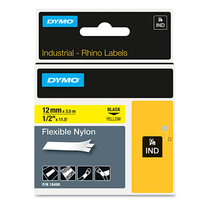 Rhino Flexible Nylon Industrial Label Tape, 0.5" x 11.5 ft, Yellow/Black Print