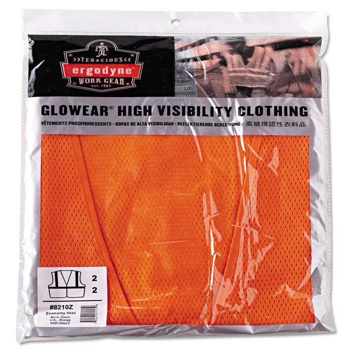 GloWear 8210Z Class 2 Economy Vest, Polyester Mesh, Zipper Closure, Orange, L/XL