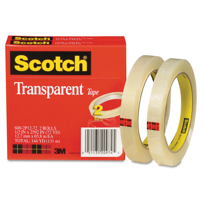 Transparent Tape, 3" Core, 0.5" x 72 yds, Transparent, 2/Pack