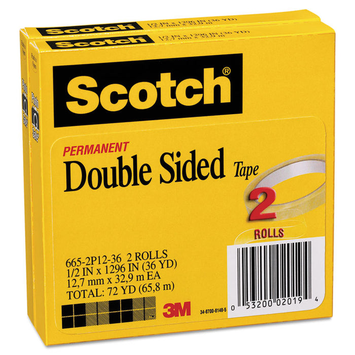 Double-Sided Tape, 3" Core, 0.5" x 36 yds, Clear, 2/Pack