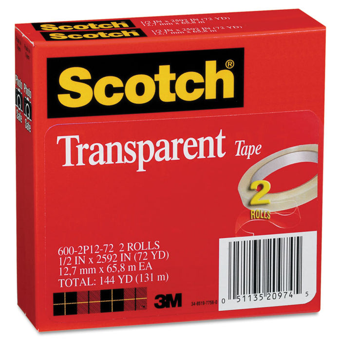 Transparent Tape, 3" Core, 0.5" x 72 yds, Transparent, 2/Pack