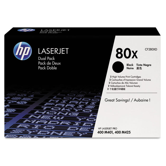 HP 80X, (CF280X-D) 2-Pack High-Yield Black Original LaserJet Toner Cartridges