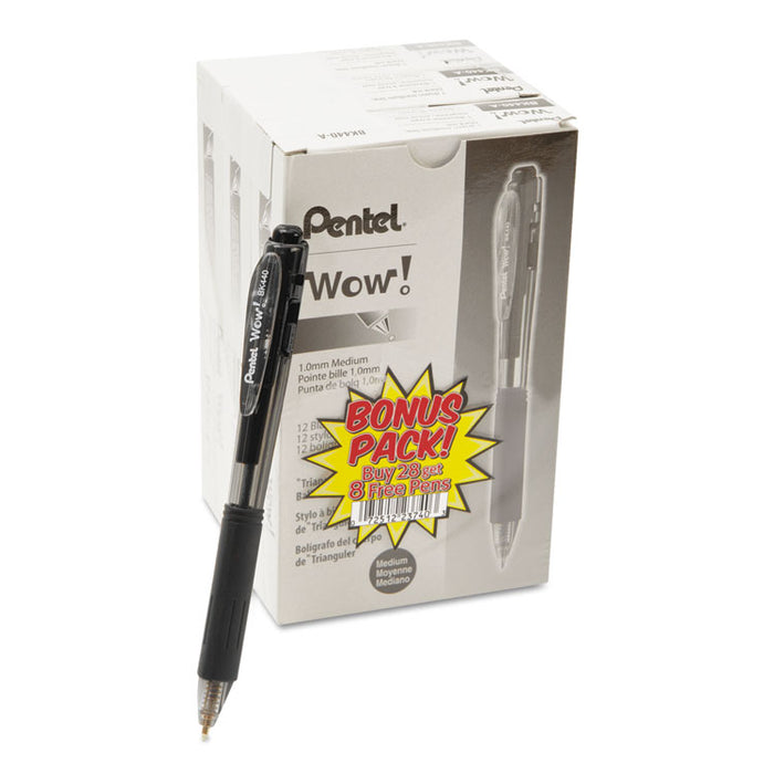 WOW! Ballpoint Pen Value Pack, Retractable, Medium 1 mm, Black Ink, Black Barrel, 36/Pack