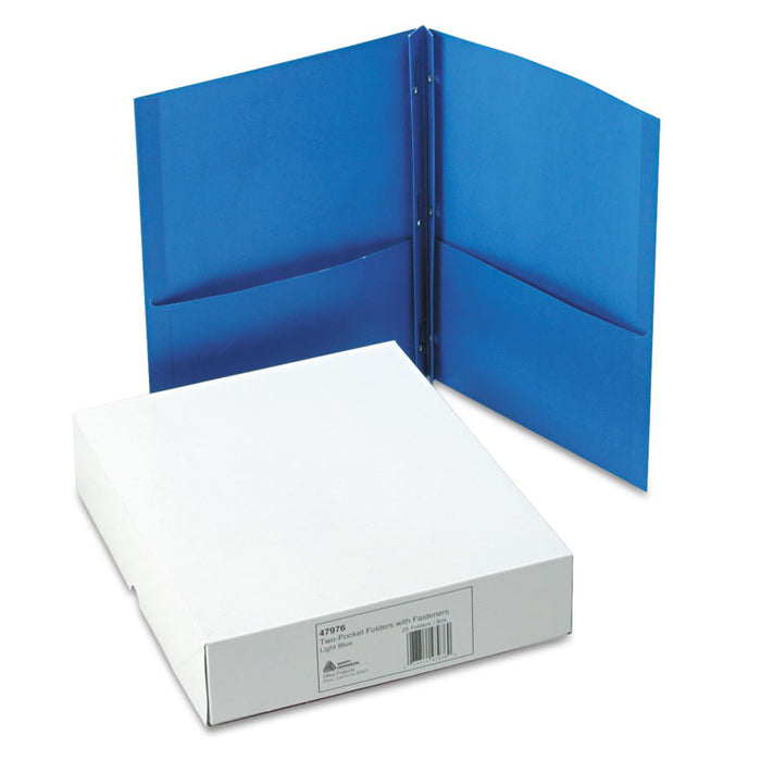 Two-Pocket Folder, Prong Fastener, 0.5" Capacity, 11 x 8.5, Light Blue, 25/Box