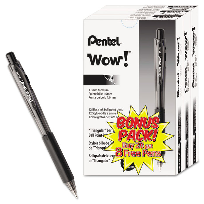 WOW! Ballpoint Pen Value Pack, Retractable, Medium 1 mm, Black Ink, Black Barrel, 36/Pack