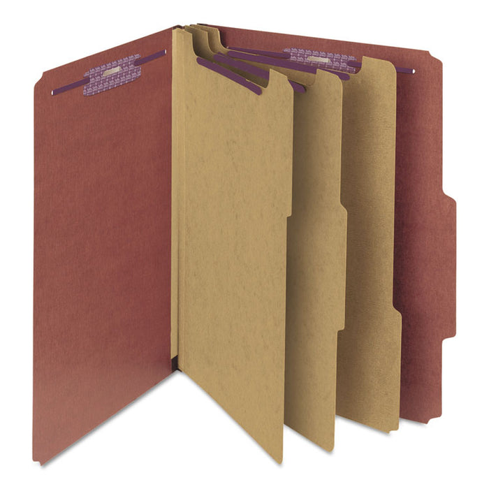 Pressboard Classification Folders with SafeSHIELD Coated Fasteners, 2/5 Cut, 3 Dividers, Letter Size, Red, 10/Box