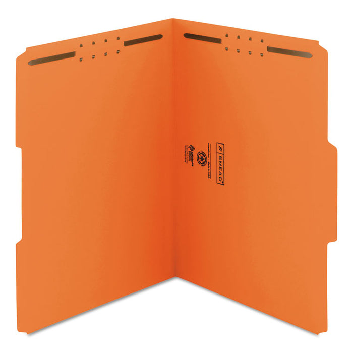 Top Tab Colored Fastener Folders, 2 Fasteners, Letter Size, Orange Exterior, 50/Box