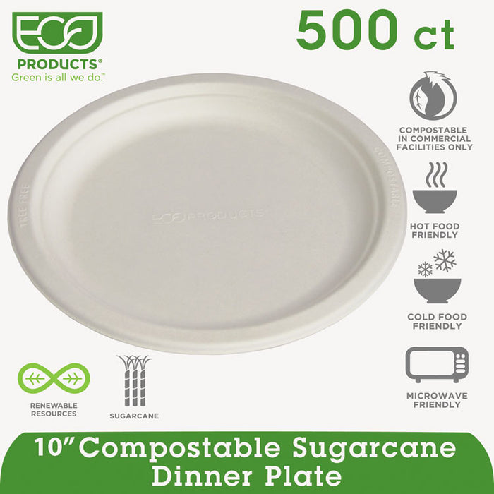 Renewable and Compostable Sugarcane Plates, 10" dia, Natural White, 500/Carton