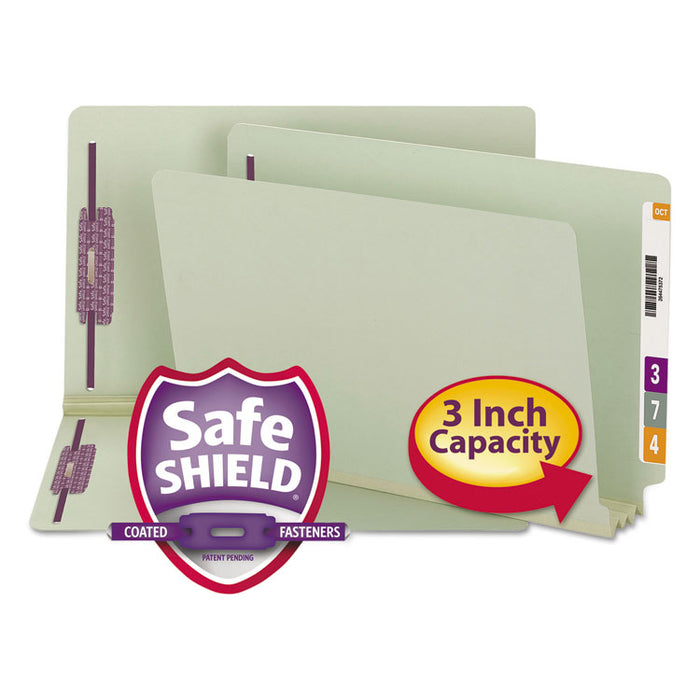 End Tab Pressboard Classification Folders with Two SafeSHIELD Coated Fasteners, 3" Expansion, Legal Size, Gray-Green, 25/Box