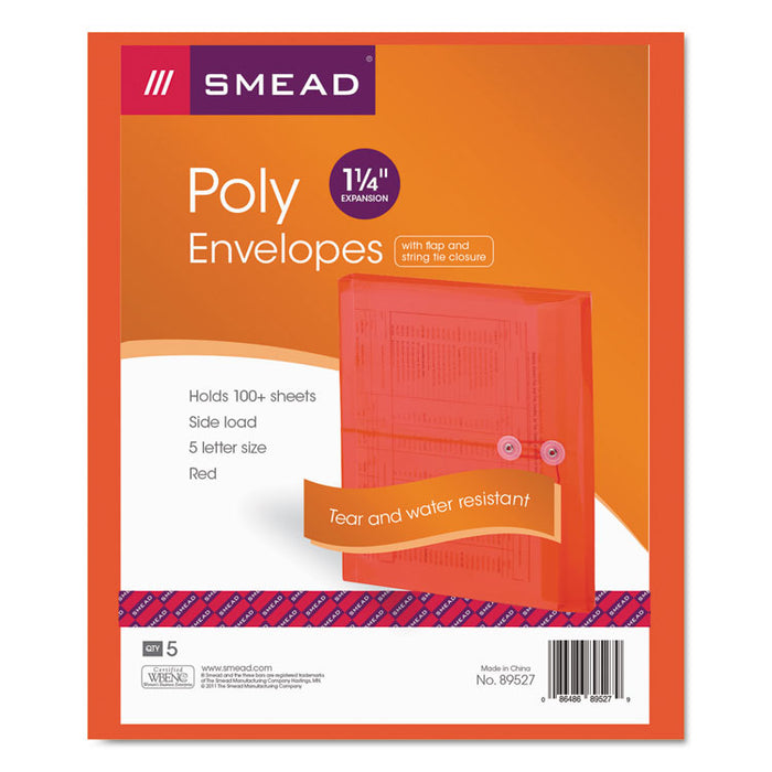 Poly String and Button Interoffice Envelopes, Open-Side (Horizontal), 9.75 x 11.63, Transparent Red, 5/Pack