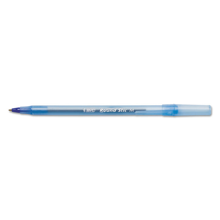 Round Stic Xtra Life Stick Ballpoint Pen, 1mm, Blue Ink, Translucent Blue Barrel, Dozen