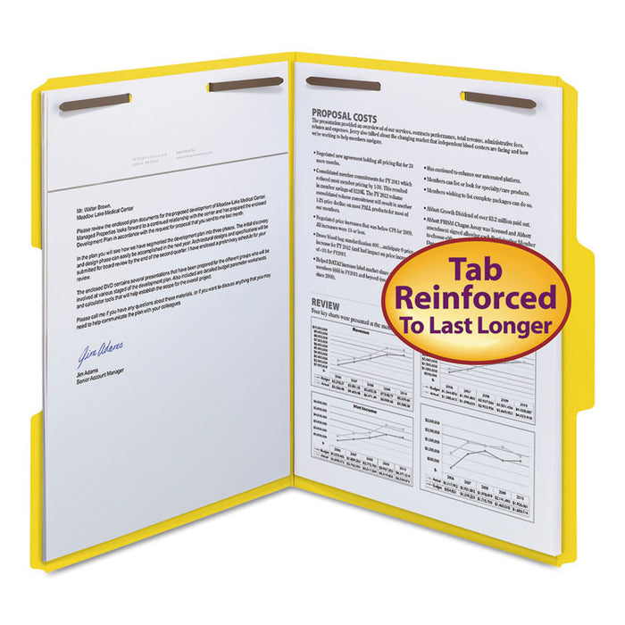 WaterShed CutLess Reinforced Top Tab Fastener Folders, 2 Fasteners, Letter Size, Yellow Exterior, 50/Box