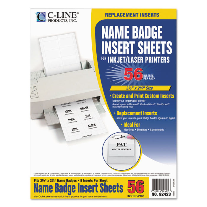 Name Badge Inserts, 3 1/2 x 2 1/4, White, 56/Pack