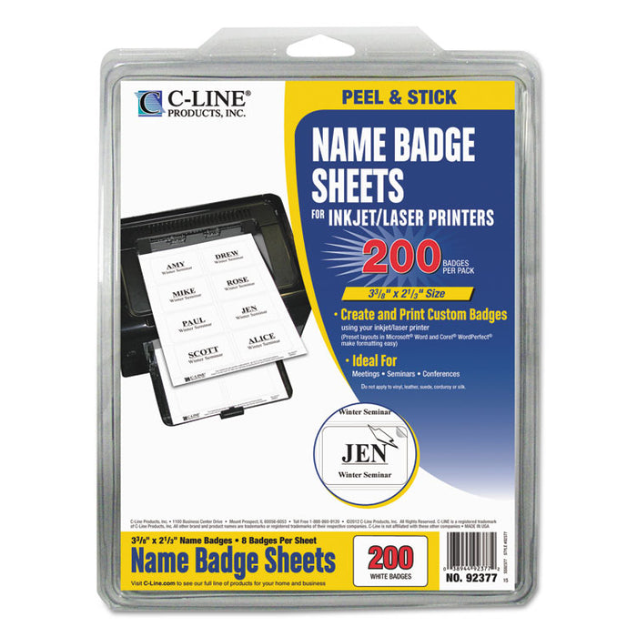 Laser Printer Name Badges, 3 3/8 x 2 1/3, White, 200/Box