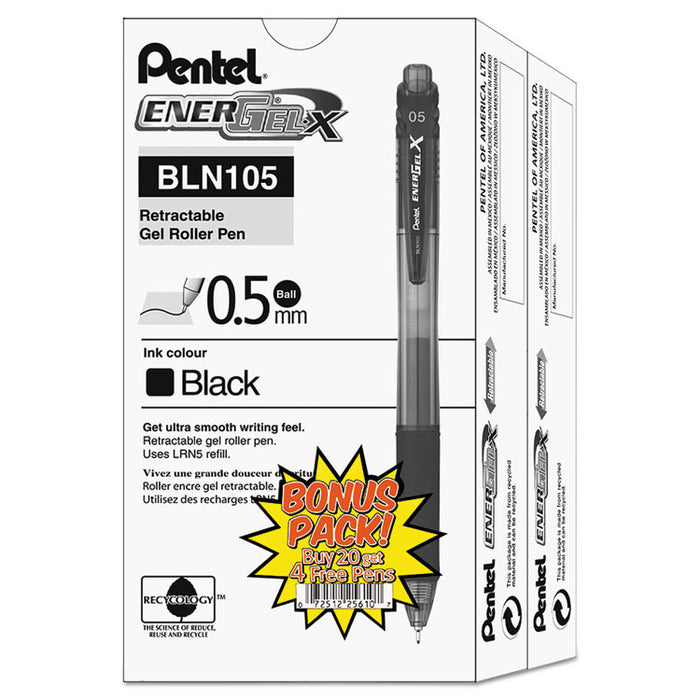 EnerGel-X Gel Pen, Retractable, Fine 0.5 mm Needle Tip, Black Ink, Black Barrel, 24/Pack