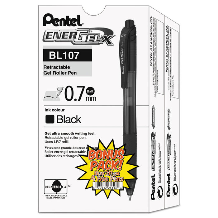 EnerGel-X Gel Pen, Retractable, Medium 0.7 mm, Black Ink, Black Barrel, 24/Pack