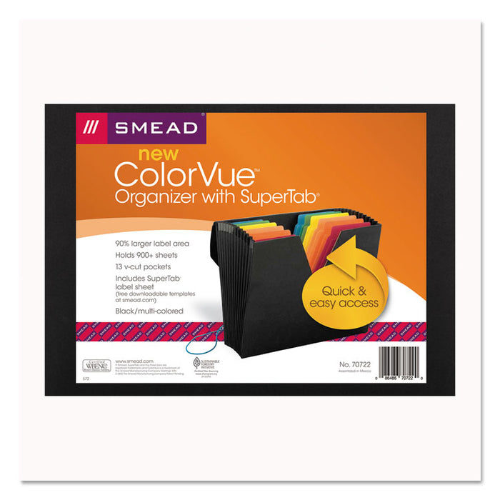 ColorVue Expanding File w/ SuperTab, 11" Expansion, 13 Sections, 1/2-Cut Tab, Letter Size, Black/Multicolor
