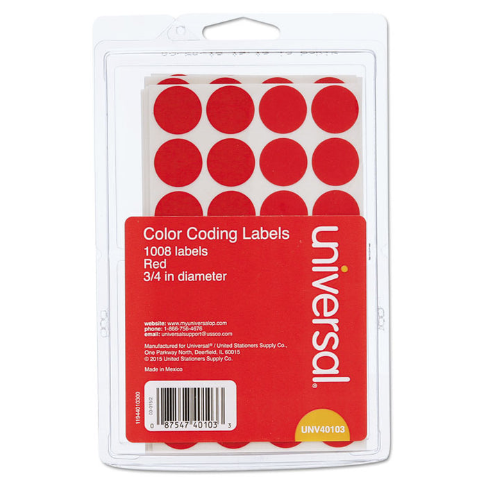 Self-Adhesive Removable Color-Coding Labels, 0.75" dia., Red, 28/Sheet, 36 Sheets/Pack