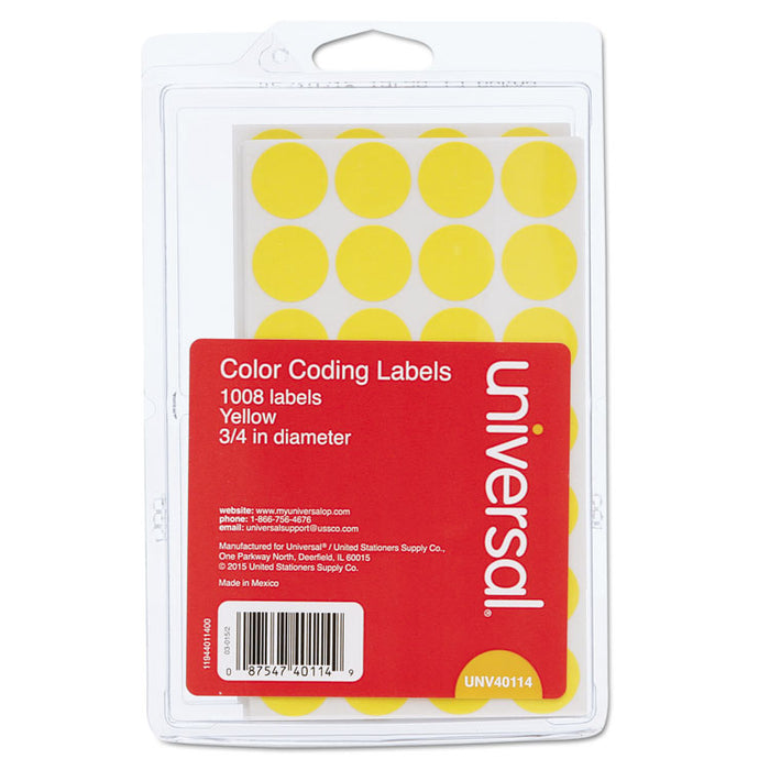 Self-Adhesive Removable Color-Coding Labels, 0.75" dia., Yellow, 28/Sheet, 36 Sheets/Pack