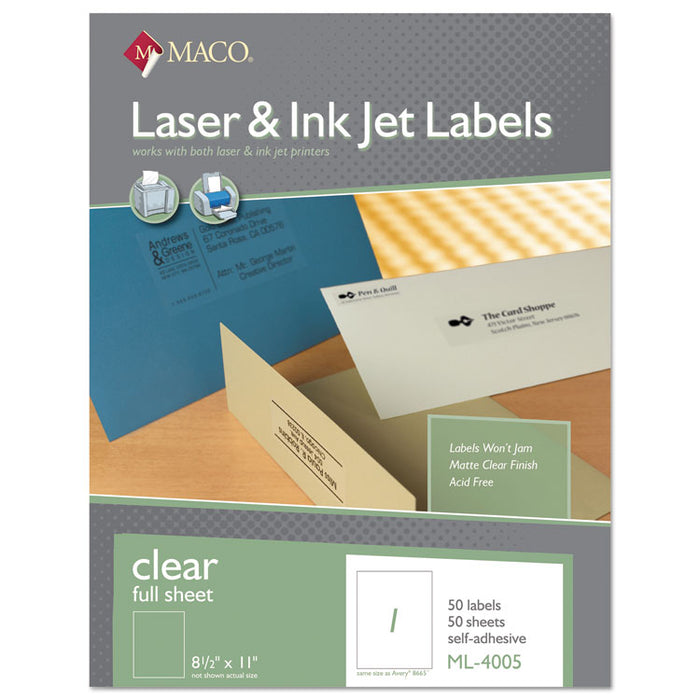 Matte Clear Printable Shipping Address Labels, Inkjet/Laser Printers, 8.5 x 11, Matte Clear, 50/Box