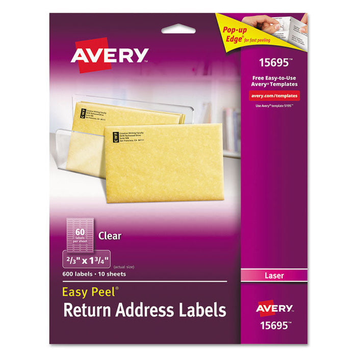 Matte Clear Easy Peel Mailing Labels w/ Sure Feed Technology, Laser Printers, 0.66 x 1.75, Clear, 60/Sheet, 10 Sheets/Pack