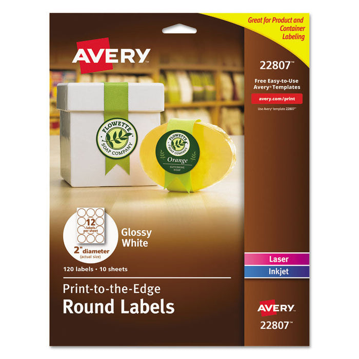 Round Print-to-the Edge Labels with Sure Feed and Easy Peel, 2" dia, Glossy White, 120/PK