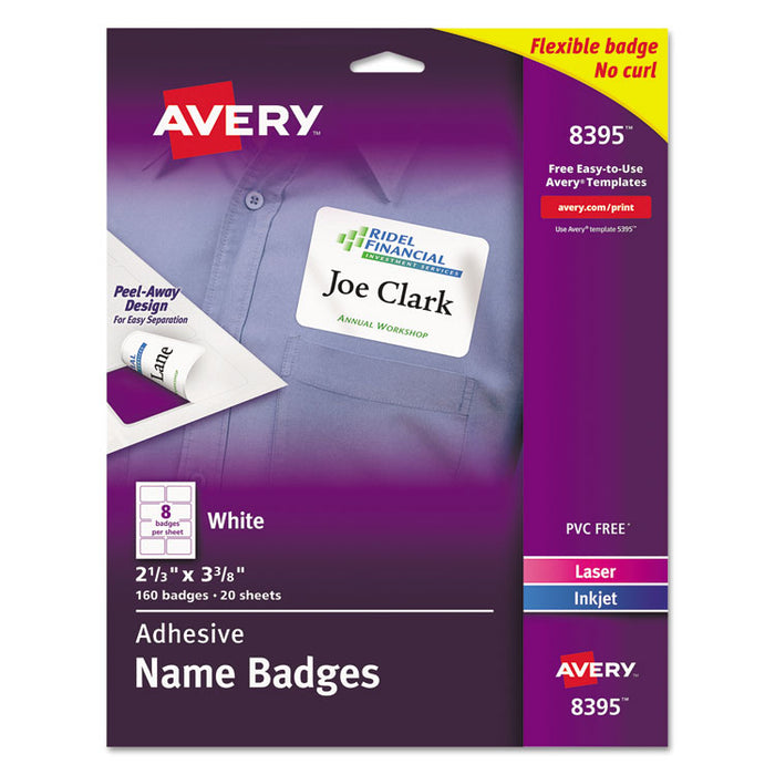 Flexible Adhesive Name Badge Labels, 3.38 x 2.33, White, 160/Pack