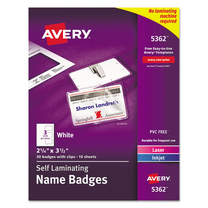 Self-Laminating Laser/Inkjet Printer Badges, 2.25 x 3.5, White, 30/Box