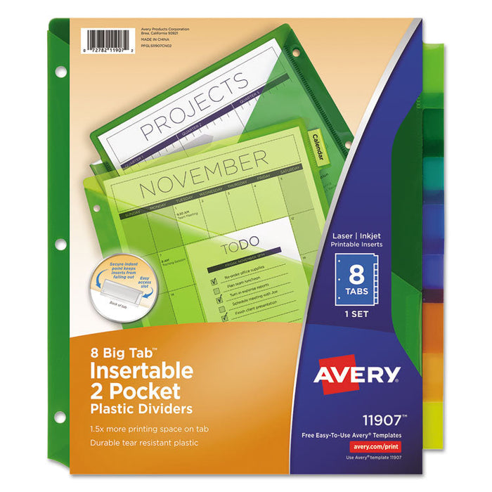 Insertable Big Tab Plastic 2-Pocket Dividers, 8-Tab, 11.13 x 9.25, Assorted, 1 Set