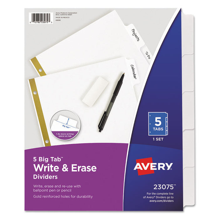 Write and Erase Big Tab Paper Dividers, 5-Tab, White, Letter