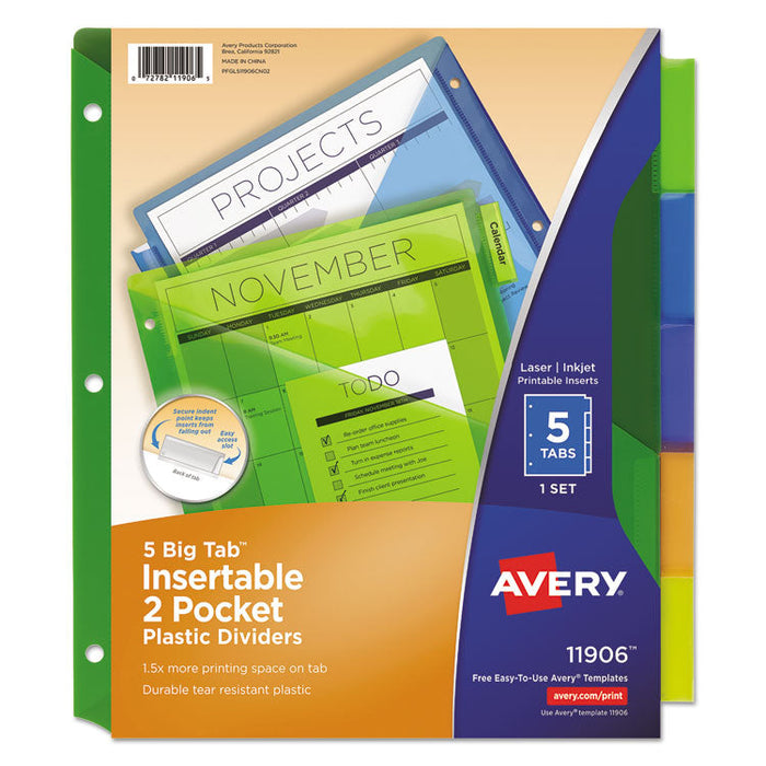 Insertable Big Tab Plastic 2-Pocket Dividers, 5-Tab, 11.13 x 9.25, Assorted, 1 Set