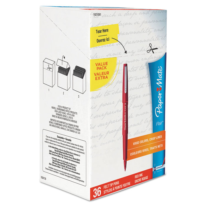 Point Guard Flair Felt Tip Porous Point Pen, Stick, Bold 1.4 mm, Red Ink, Red Barrel, 36/Box