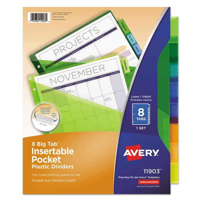 Insertable Big Tab Plastic 1-Pocket Dividers, 8-Tab, 11.13 x 9.25, Assorted, 1 Set