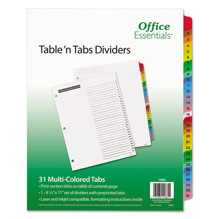 Table 'n Tabs Dividers, 31-Tab, 1 to 31, 11 x 8.5, White, 1 Set