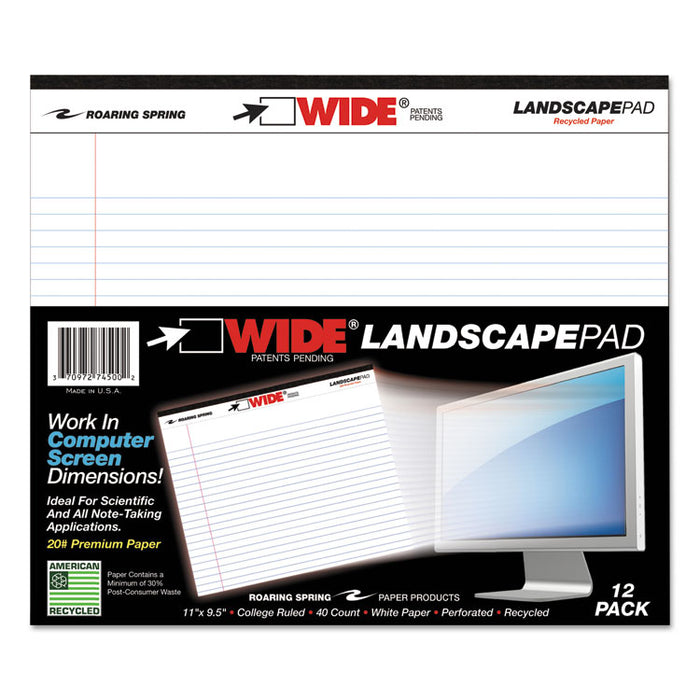 WIDE Landscape Format Writing Pad, Unpunched with Standard Back, Medium/College Rule, 40 White 11 x 9.5 Sheets