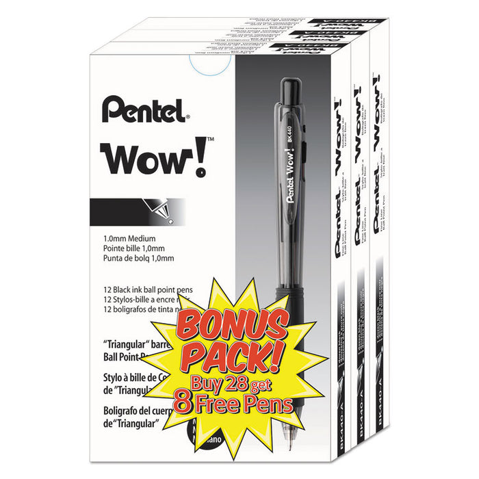 WOW! Ballpoint Pen Value Pack, Retractable, Medium 1 mm, Black Ink, Black Barrel, 36/Pack