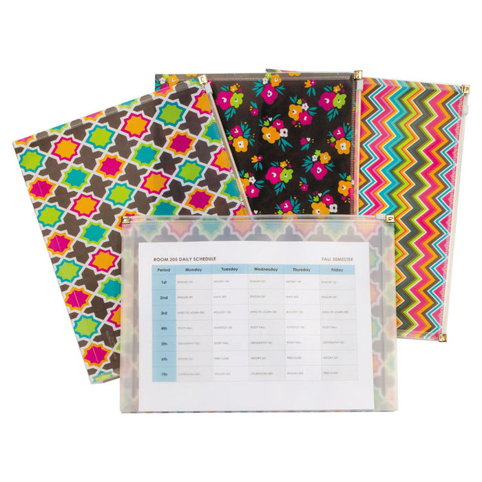 Fashion Zip 'N Go Reusable Envelope, 1 Section, 13.13" x 10", Assorted, 3/Pack