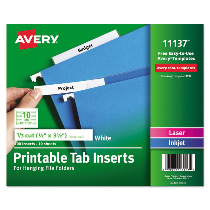 Tabs Inserts For Hanging File Folders, 1/3-Cut Tabs, White, 3.5" Wide, 100/Pack