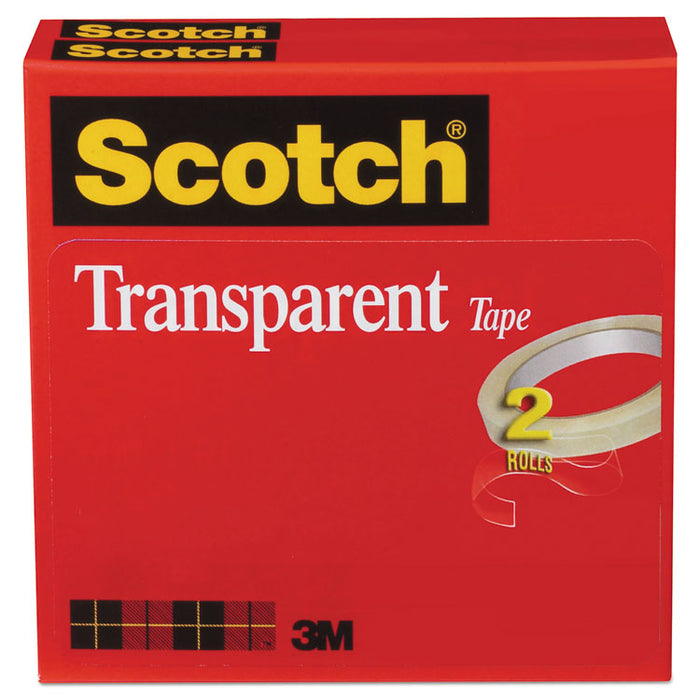 Transparent Tape, 3" Core, 0.5" x 72 yds, Transparent, 2/Pack