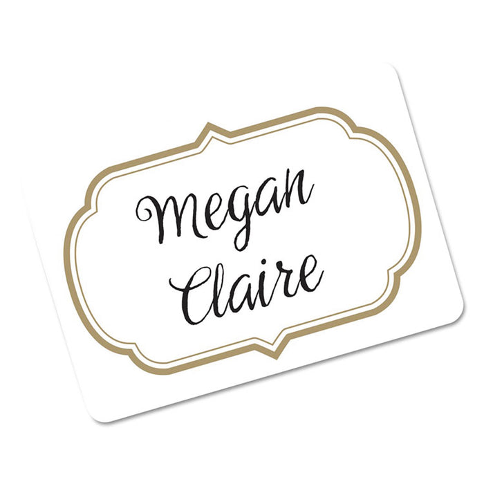 Flexible Adhesive Name Badge Labels, 3 3/8 x 2 1/3, White/Gold Border, 120/PK