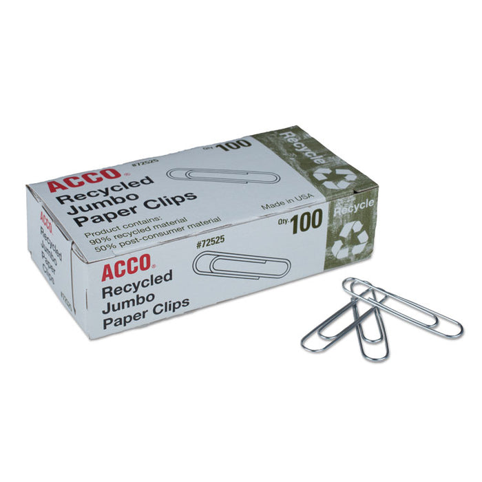 Recycled Paper Clips, Jumbo, Smooth, Silver, 100 Clips/Box, 10 Boxes/Pack