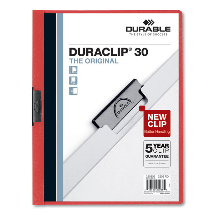 Vinyl DuraClip Report Cover w/Clip, Letter, Holds 30 Pages, Clear/Red, 25/Box