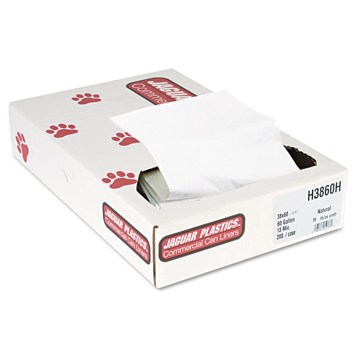 Industrial Strength Commercial Can Liners Flat Pack, 60 gal, 13 microns, 38" x 60", Natural, 200/Carton