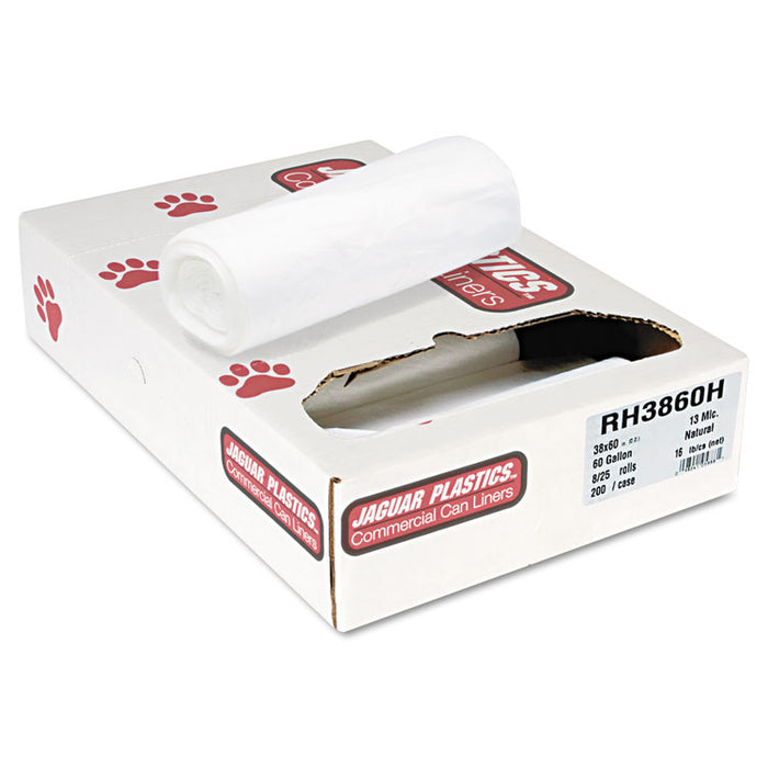 Industrial Strength Commercial Coreless Roll Can Liners, 60 gal, 13 microns, 38" x 60", Natural, 200/Carton