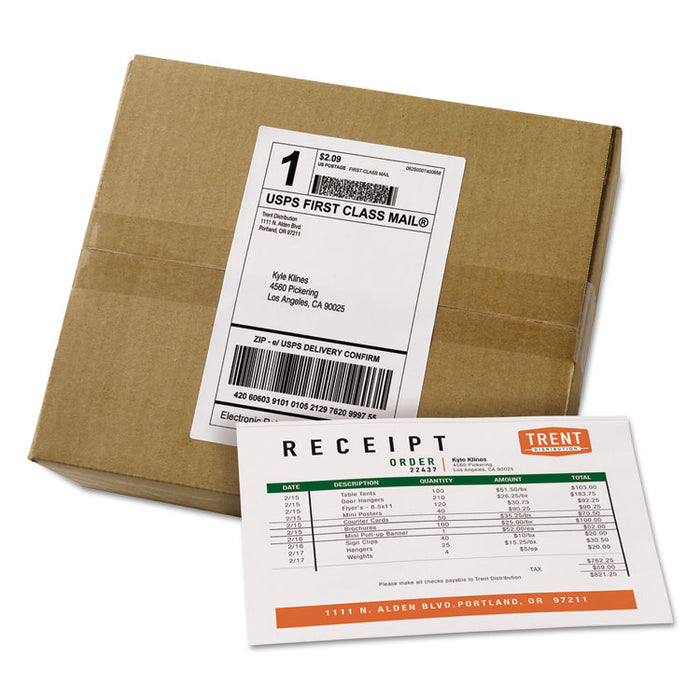 Shipping Labels with Paper Receipt Bulk Pack, Inkjet/Laser Printers, 5.06 x 7.63, White, 100/Box