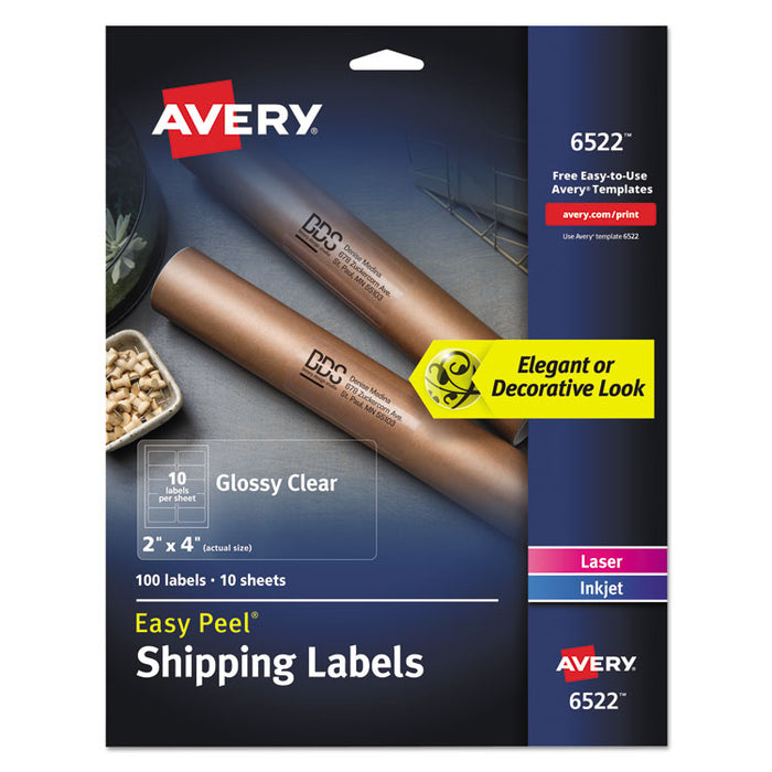 Glossy Clear Easy Peel Mailing Labels w/ Sure Feed Technology, Inkjet/Laser Printers, 2 x 4, Clear, 10/Sheet, 10 Sheets/Pack