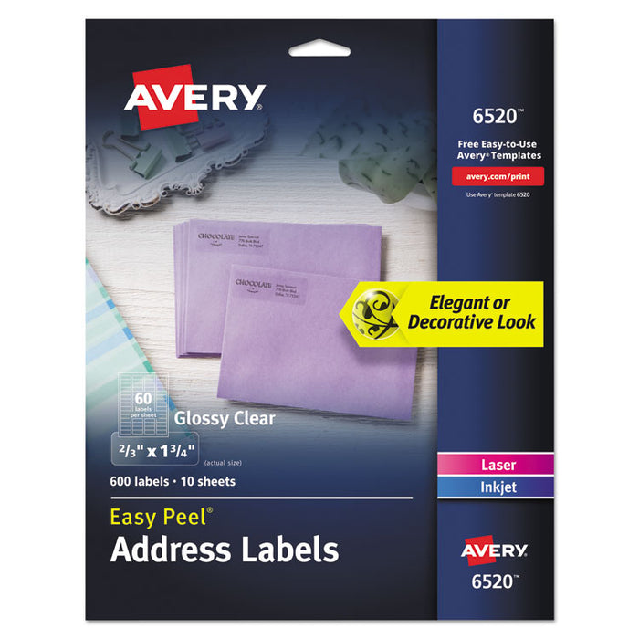 Glossy Clear Easy Peel Mailing Labels w/ Sure Feed Technology, Inkjet/Laser Printers, 0.66 x 1.75, 60/Sheet, 10 Sheets/PK