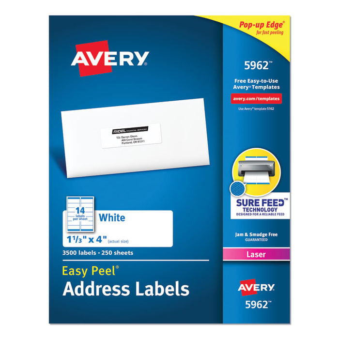 Easy Peel White Address Labels w/ Sure Feed Technology, Laser Printers, 1.33 x 4, White, 14/Sheet, 250 Sheets/Box