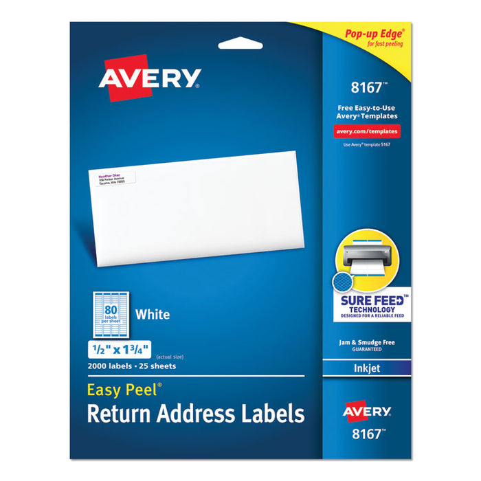 Easy Peel White Address Labels w/ Sure Feed Technology, Inkjet Printers, 0.5 x 1.75, White, 80/Sheet, 25 Sheets/Pack